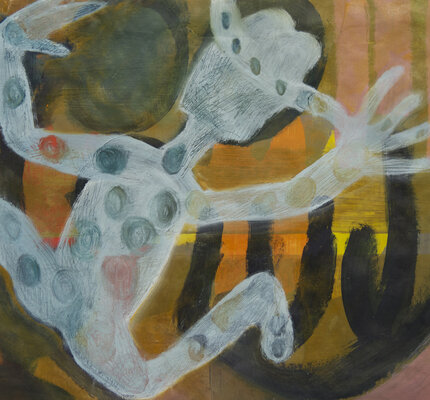 Run away (oder der Spagat) / 2017 / Öl und Eitempera auf Papier / 29 x 31,5 cm